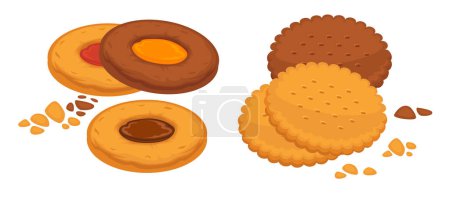 Tasty dessert for eating, isolated crunchy cookies with jam filling. Dietary meal, product with ecological ingredients low in sugar and calories. Delicious meal from store. Vector in flat style