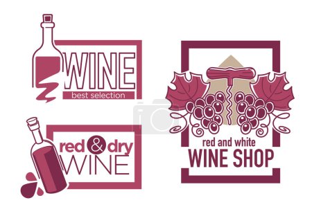 Illustration for Isolated logo with bottle of wine, corkscrew and bunch of grapes. Tasty and organic product made on farm, new production and making for mass. Logotype, shop or store emblem. Vector in flat style - Royalty Free Image