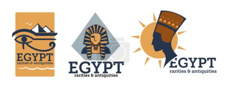 Logos with Egypt rarities and antiquities. History and education, discoveries and adventures. Isolated label or stickers with pyramids, sphinx and silhouette of Queen Nefertiti. Vector in flat style