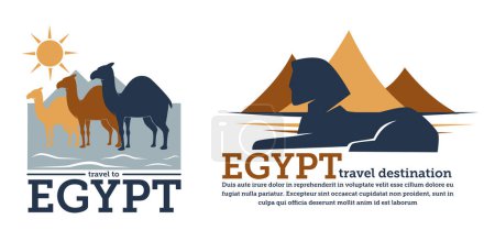 Illustration for Culture, historical memorials and architectural wonders in African country. Egypt travel destination. Promotional banners or labels with pyramids, sphinx monument and camels. Vector in flat style - Royalty Free Image