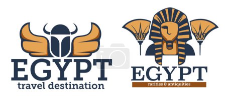 Illustration for Best of Egyptian culture, historical memorials and architectural wonders in Africa. Egypt travel destination, rarities and antiquities banner. Archaeology of pharaohs country. Vector in flat style - Royalty Free Image