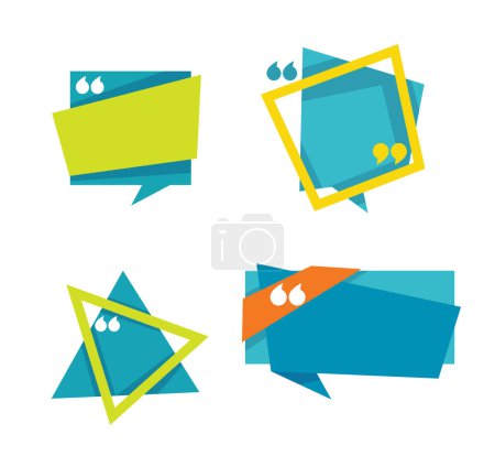 Quotation mark and speech bubbles isolated icons. Inverted comas and triangular and square, rectangular and trapezoidal frames. Article or message, sticker or logo templates. Vector in flat style