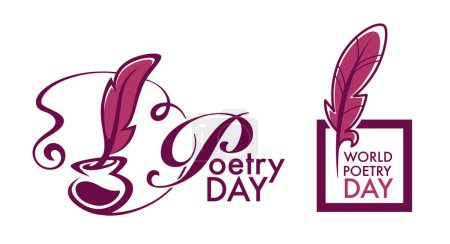 Greeting card for Poetry day with calligraphic inscription, inkwell and quill pens for banner or logotype in cartoon drawn templates. Poetic activities, events and celebration. Vector in flat style