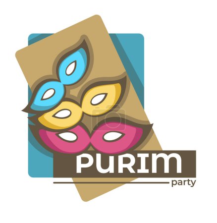 Judaism holiday with music, laughter and spirit of Jews unity. Purim party logotype with carnival masks. Cherished and festive occasion in Jewish calendar. Religious event banner. Vector in flat style