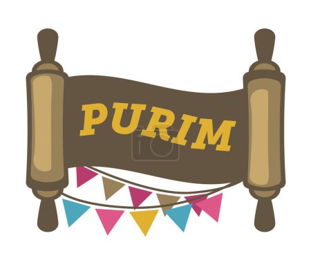 Banner of religious Judaism holiday in form of scroll, Megillat Esther book. Isolated megillah with inscription and festive flags. Purim celebration, jewish religion event. Vector in flat style