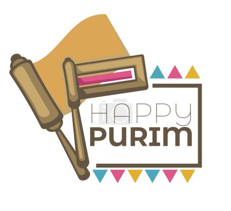 Happy purim banner with obligatory elements of holiday, Raashan or rattle with festival flags. Emblem with traditional wooden graggers, noise makers or jewish musical toys. Vector in flat style