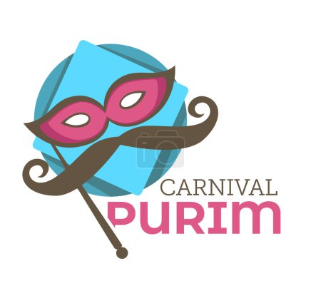 Emblem with carnival mask and mustache for Jews religious holiday Purim. Celebration, merriment and resilience of the Jewish people. Banner with Judaism festival elements. Vector in flat style