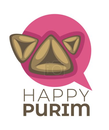 Happy purim banner with traditional dish gomentashi or hamantaschen, triangular cookies with poppy seeds or other fillings. Jewish religion holidays and celebration emblem. Vector in flat style