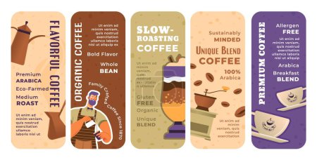 Verpackungsdesign-Set für Bio-Kaffee-Werbung. Bunte Tag-Kollektion mit Produktqualitätszeichen, Vektorillustration. Getränkeetikett mit Kaffeetasse, Jezve und Barista