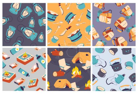 Decorative pattern set with hike equipment elements. Colorful background decoration with camp tent, backpack and dishware. Seamless banner collection, vector illustration