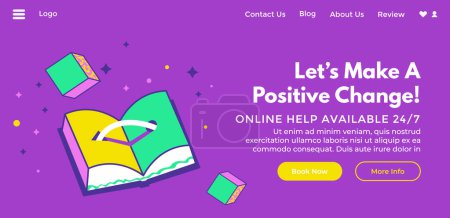 Illustration for Mental health treatment education. Emotional wellbeing and wellness. Lets make positive change, online help available hourly. Website landing page template, internet site, vector in flat style - Royalty Free Image