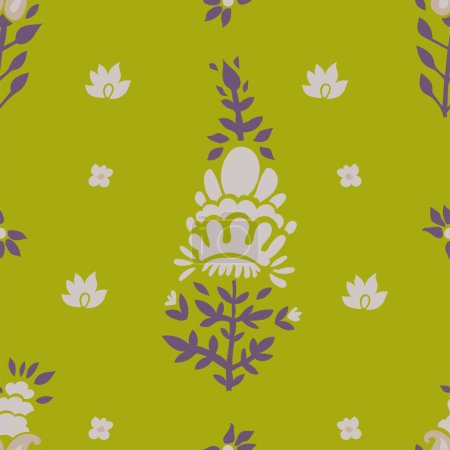 Illustration for Botany composition with leaves and flowers, branches and twigs. Floral decoration with flourishing and blossoming elements. Seamless pattern, wallpaper print or background. Vector in flat style - Royalty Free Image