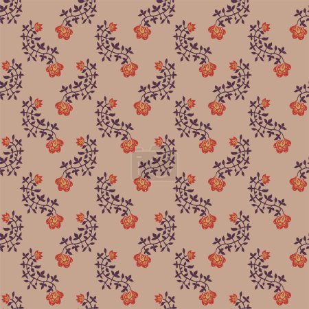 Illustration for Blooming and flourishing florets with twisted stems and leaves. Decoration of flora, ornamental design for textile and fabric. Seamless pattern, wallpaper print or background. Vector in flat style - Royalty Free Image