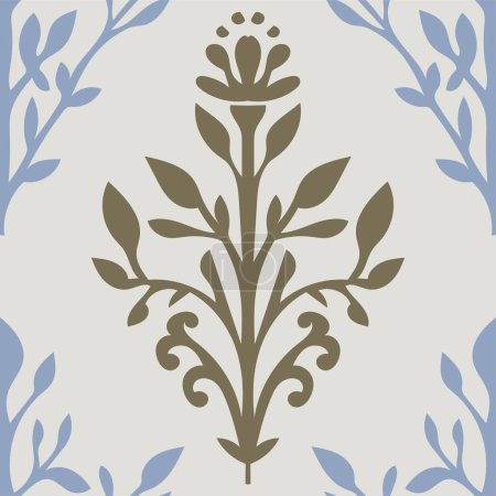 Illustration for Flower branch with buds and foliage leaves, twig with flora and leafage. Blooming decorations or paisley motif. Shrubs or bushes. Seamless pattern, wallpaper print or background. Vector in flat style - Royalty Free Image