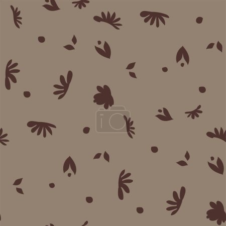 Retro simple ornament with leaves, dots and blooming pasqueflowers. Leafage of plants and bushes, modern design of flora. Seamless pattern, wallpaper print or background. Vector in flat style