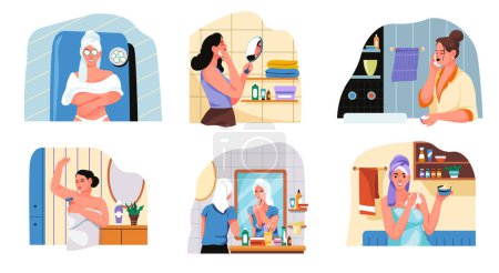 Flat vector illustrations of women enjoying self care routines, from skincare to relaxation, ideal for wellness and beauty guides.