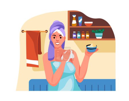 Flat design vector of a smiling woman in a towel applying face cream, perfect for beauty and skincare themed projects.