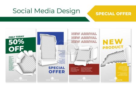 Social media story set for store special offer. Colorful web banner collection with discount promo, vector illustration. Empty space with ripped paper, new product advertising