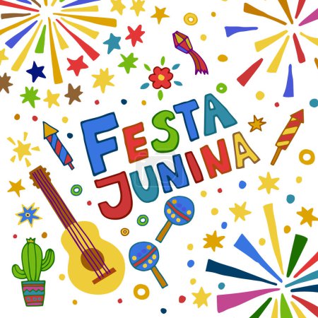 Festa Junina thematische Vektorillustration mit festlichen Dekorationen, Musik und Feuerwerk, ideal für kulturelle Veranstaltungen.