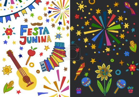 A lively and bright illustration depicting the traditional Brazilian Festa Junina celebration, full of stars, fireworks, and joy.
