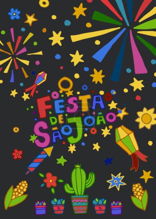 Vivid vector art of Sao Joao festival with colorful decorations and fireworks against a dark sky, perfect for event designs and invites.