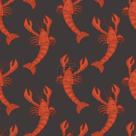 Black backdrop with red lobster silhouettes, vector illustration.