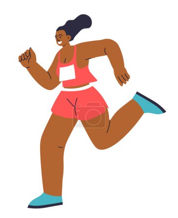 Flat vector illustration of an energetic woman running, isolated on white. For health and wellness promotion.