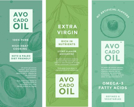 Merkmale von nativem Avocadoöl extra, Vektorillustration in modernem Stil, geeignet für Produktetiketten und umweltfreundliches Branding auf strukturiertem grünem Hintergrund.