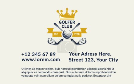 Royal-themed golf club membership card with crown and golf equipment, luxury design, vector illustration, ideal for exclusive member benefits and services.