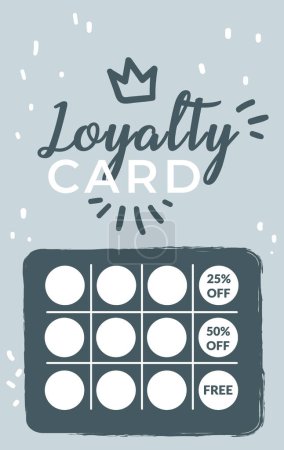 Contemporary loyalty card design with crown icon, vector illustration isolated on blue.