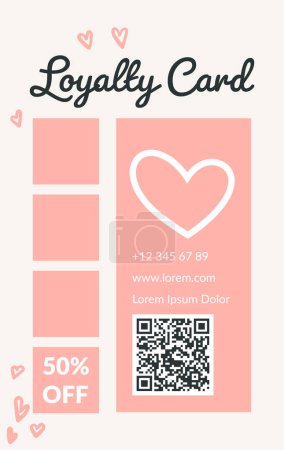 Pink loyalty card design with hearts, vector illustration isolated on pink.