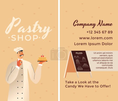 Illustration for Stylish bakery business card, modern flat design, vector illustration isolated on beige. - Royalty Free Image