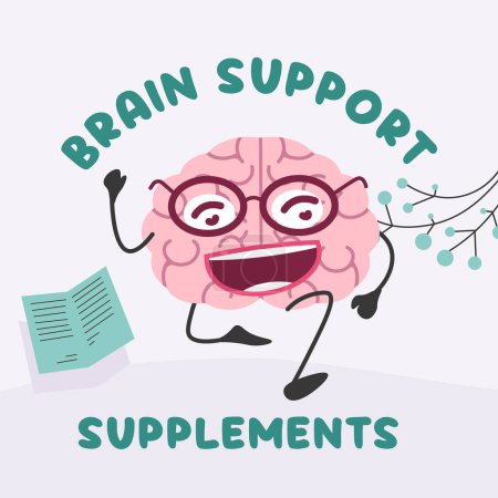 Smiling brain with supplements, flat design, vector illustration, brain support concept, isolated on light background.