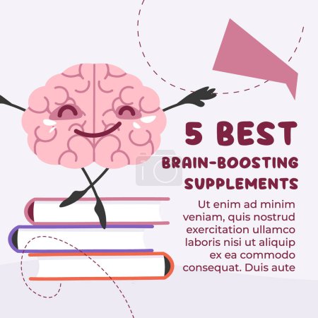 Brain on books, vector illustration, top brain-boosting supplements guide, isolated on light background.
