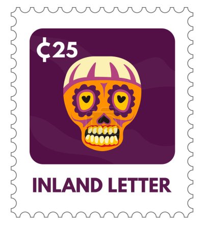 Traditioneller Totenkopf, Tag der Toten, Vektorabbildung auf Briefmarkenmotiv.