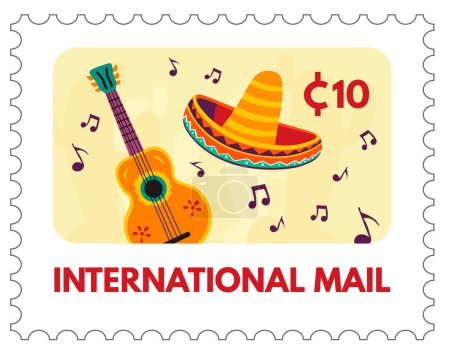 Guitarra y sombrero, tema musical mexicano, ilustración de sello vectorial.