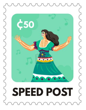 Mexican dancer, vibrant cultural attire, vector stamp illustration.