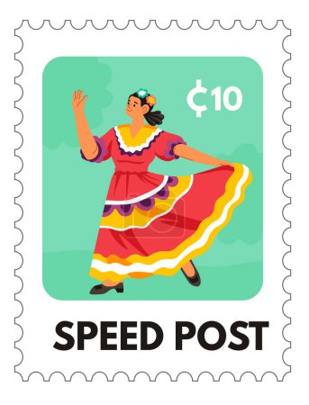 Female dancer in traditional dress, vector stamp illustration.