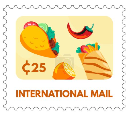 Vibrant taco and burrito, playful style, vector illustration on stamp design.