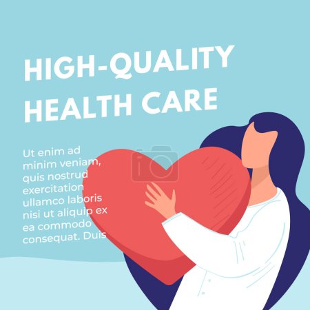 Enfermera abrazando el corazón, concepto de cuidado de alta calidad, ilustración vectorial, aislado en azul.