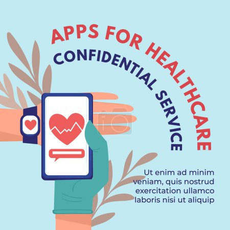Hand mit Smartwatch mit Herz-Gesundheits-App, Vektorgrafik, isoliert auf hellblau.