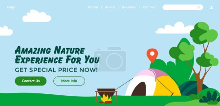 Camping en la naturaleza, oferta de precio especial, ilustración vectorial, encabezado del sitio web.