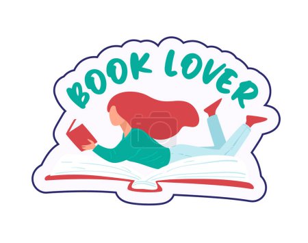 Mujer acostada en el libro, leyendo, ilustración vectorial plana, aislada en blanco. Perfecto para gráficos educativos y de club de libros.