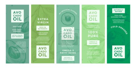 Etikettendesign-Set für Avocadoöl-Produktverpackung. Skizzieren Sie Fruchtelemente bei der Sammlung natürlicher Zutaten Aufkleber, Vektorillustration. Werbung für gesunde Lebensmittel mit Tags