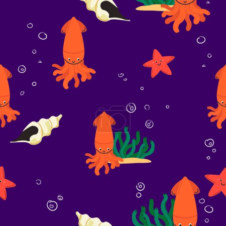 Ein nahtloses Muster aus orangefarbenen Tintenfischen und Seesternen auf violettem Hintergrund, ideal für Kinderwaren und Bekleidung.