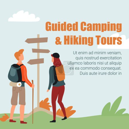 Ilustración de Viajeros en una señal de sendero, ilustración vectorial para servicios de camping guiados y excursiones. - Imagen libre de derechos
