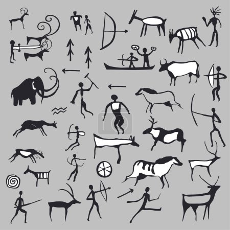 Cave drawings and symbols, silhouettes of people hunting scenes. Characters with weapons, animals and boats. Life of ancient tribes and groups, gathering and living life. Vector in flat style