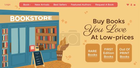Bookstore allowing to buy books you love at low prices, best editions and rare publications. Out of print and unusual volumes. Library for buyers and bookworms. Vector in flat style illustration