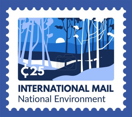 Nationale Umwelt, internationale Post und Zustelldienste. Waldlandschaft mit Sonnenuntergang. Poststempel oder Karte, Briefmarke und Briefmarke mit dem Preis. Vektor im flachen Stil