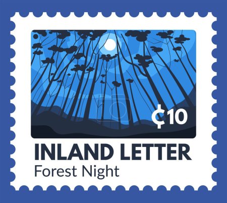 Illustration for Forest night postmark on postcard with full moon and trees silhouette. Inland letter and delivery services. Postal mark or card, mailing and correspondence stamp with price. Vector in flat style - Royalty Free Image